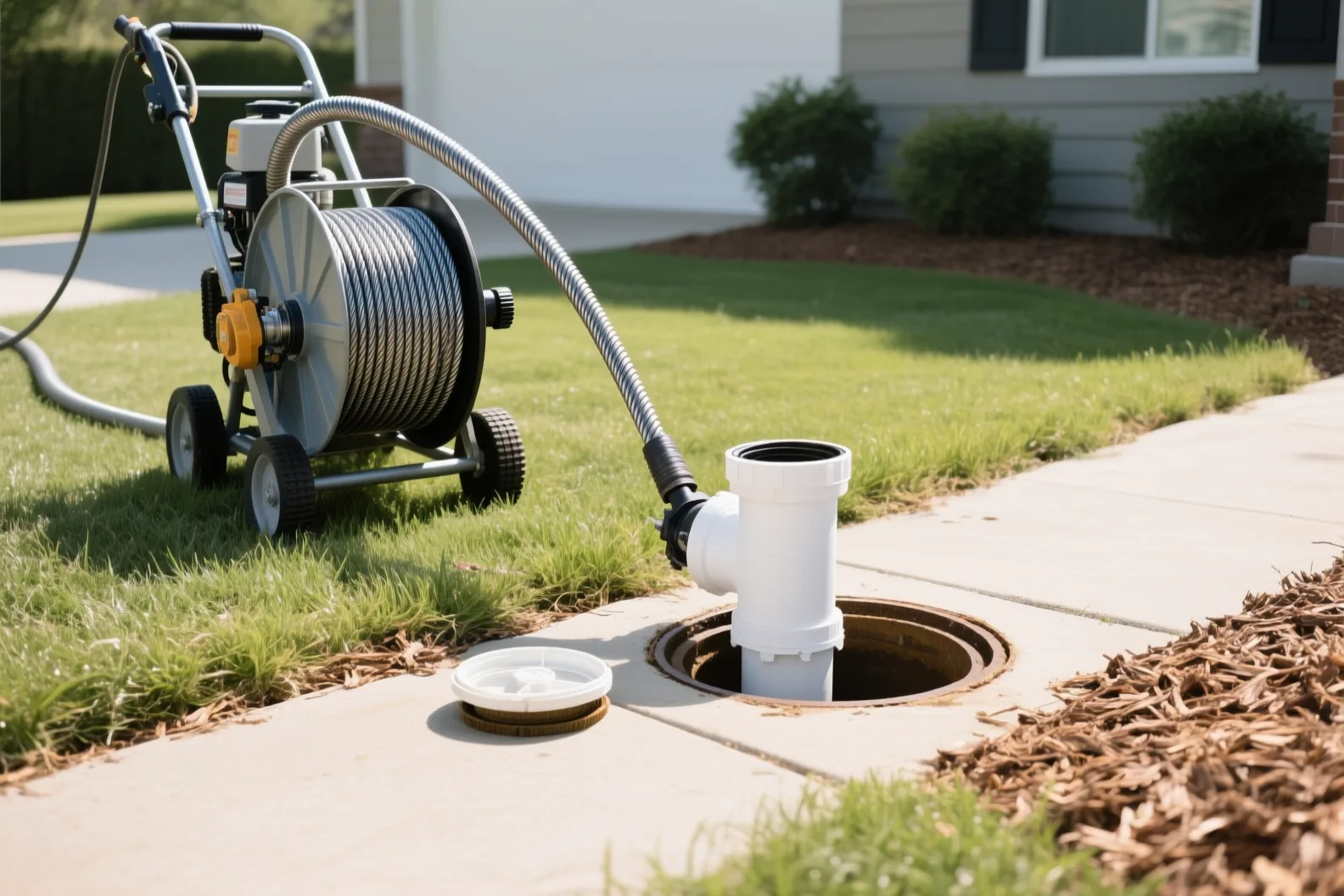 Drain cleaning machine feeding steel cable into a basement floor drain