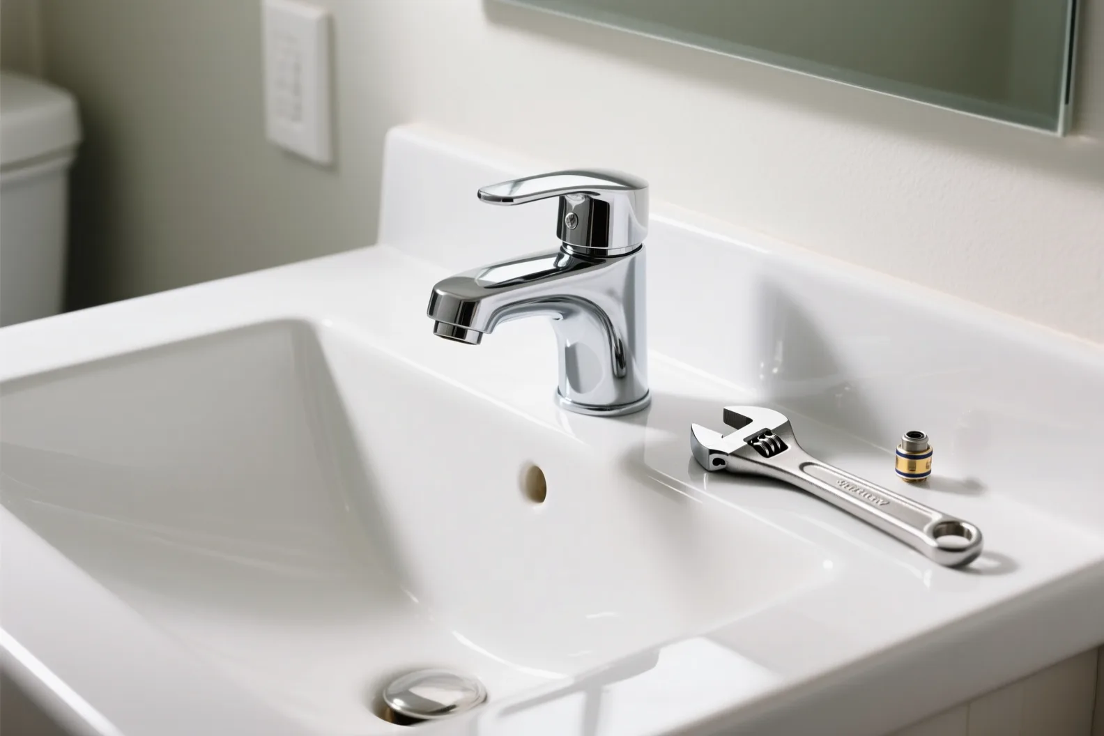 Bathroom faucet repair with adjustable wrench and spare cartridge on a vanity