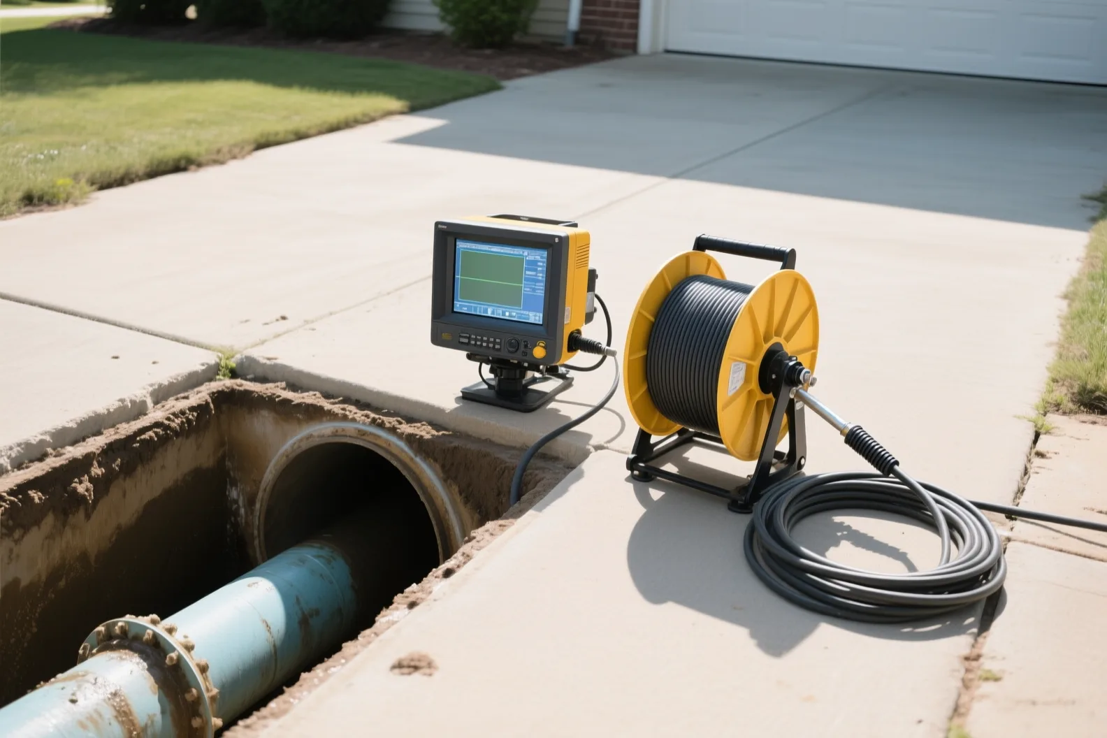 Sewer camera monitor displaying the interior of a residential drain pipe