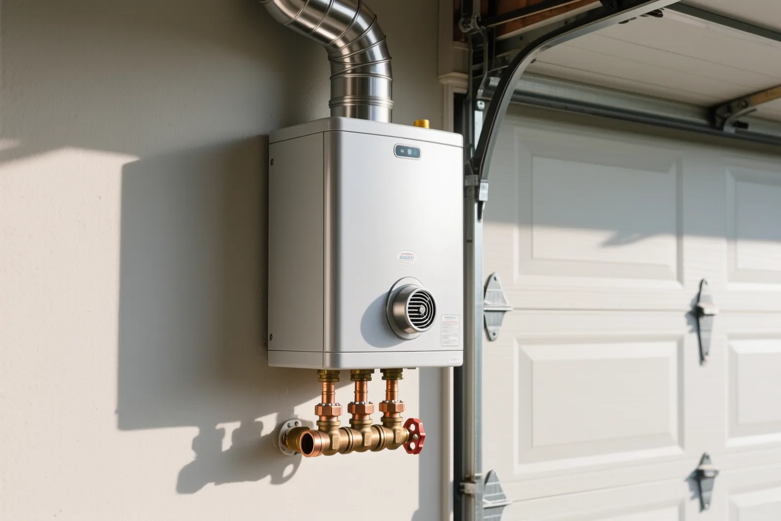 Wall-mounted tankless water heater with stainless vent and copper service valves