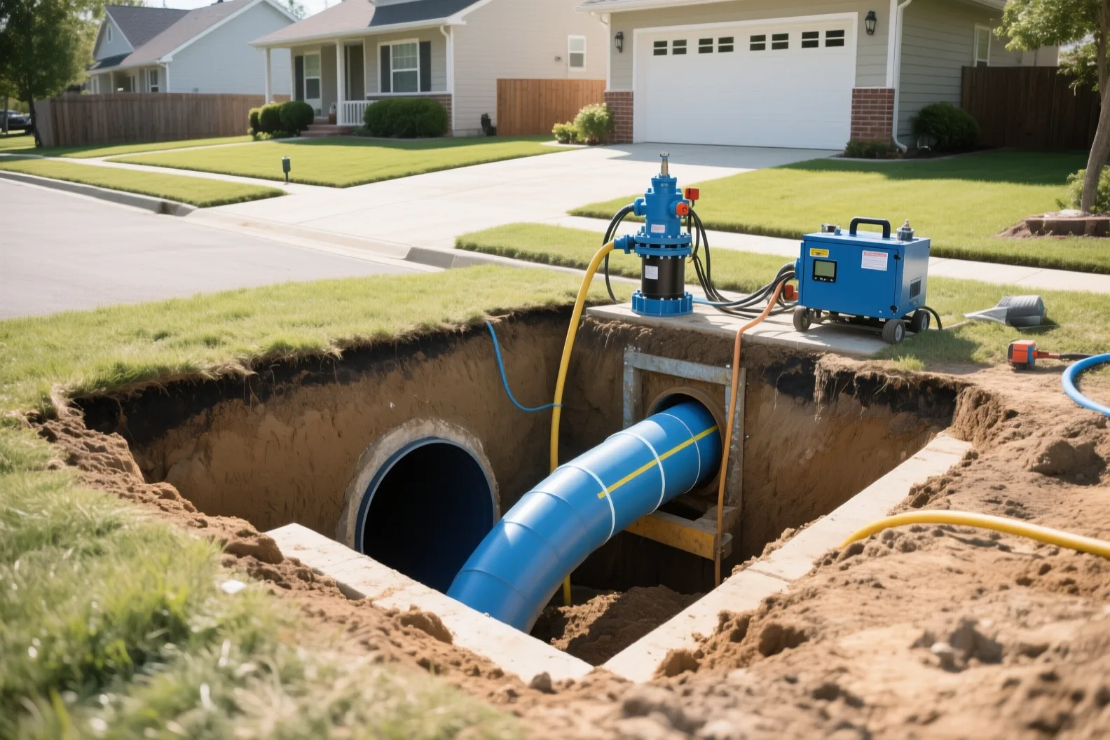 Cured-in-place pipe liner equipment at an access pit in a front yard