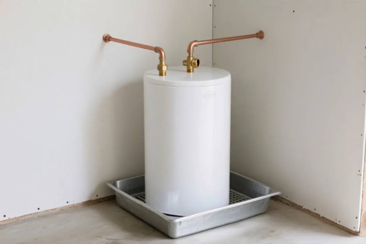 Tank water heater in a steel drain pan with copper supply lines from the wall
