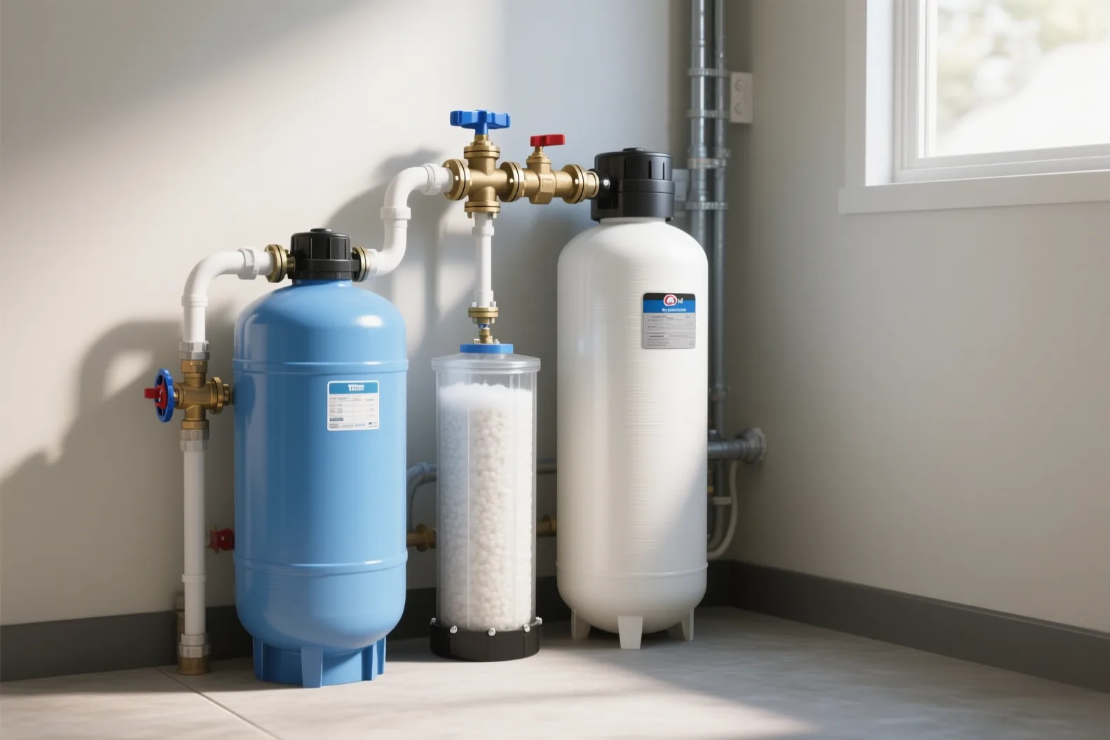 Twin-tank water softener system in a residential utility room